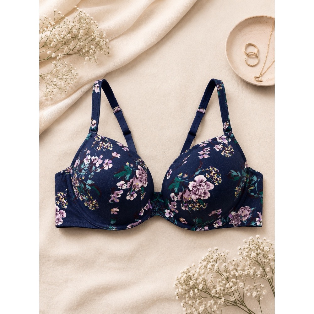 Cacique Navy Blue Floral Lightly Lined T-Shirt Bra 40C Underwire